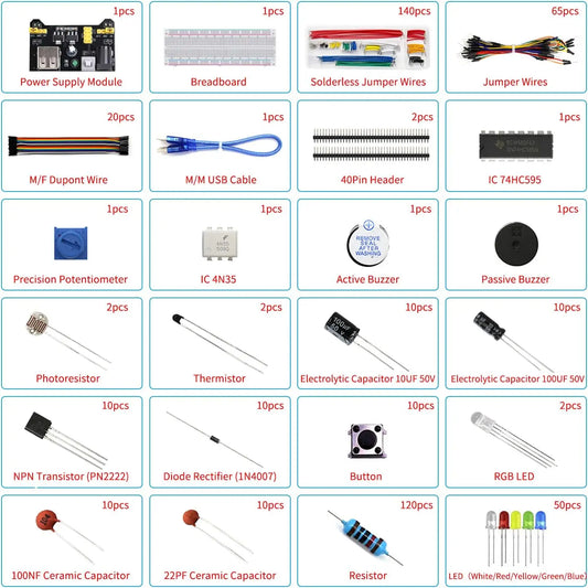 Electronics Component Fun Kit w/Power Supply Module, Jumper Wire, 830 tie-Points Breadboard, Precision Potentiometer,Resistor