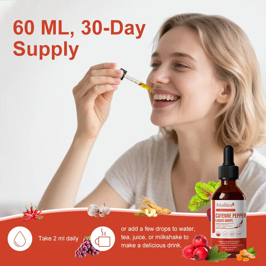 Mulittea Cayenne Pepper Liquid Drops 500mg Organic Cayennee Pepper Supplement- Supports Cardiovascular Health, Improve Digestion