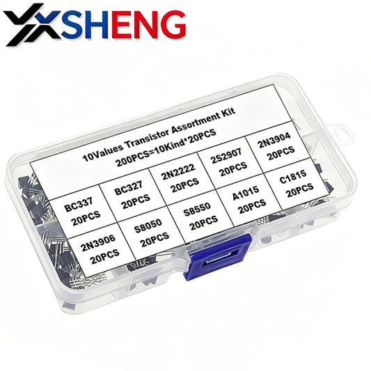 200PCS Transistor Assortment KIT 10Value x 20pcs 2N2222 2N2907 2N3904 2N3906 S8050 S8550 A1015 C1815 BC337 BC327 Transistors Box