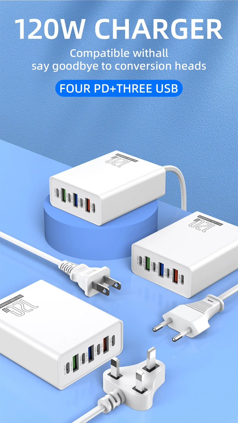 120W Charging Head 7 Ports 3USB+4PD Fast Charging Phone Charger Head 5V4A US/EU/UK Standard Charger for Mobile Phones