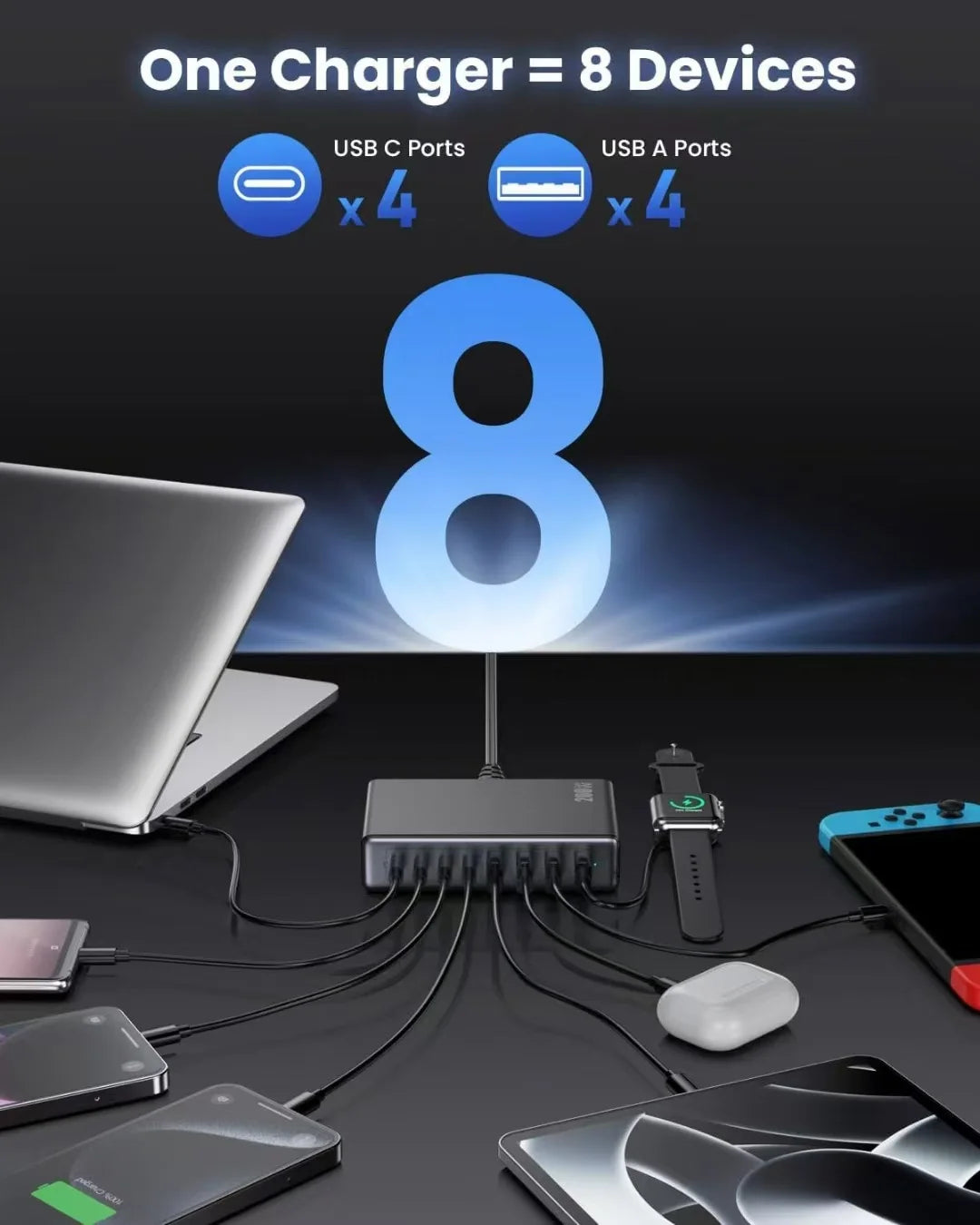 New 300W 8-port fast charging station type-c charger Multi-port USB mobile phone charger Convenient charger Home Office Travel