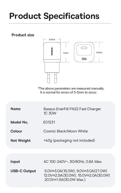 Baseus 30W GaN Charger PD Charger For iPhone 17 16 15 14 13 12 Max Fast Charger PD3.0 QC3.0 Phone Charger Type C Tablets Charger