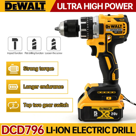 Dewalt DCD796 Compact Cordless Brushless Impact Drill LED Light Powerful Multi-functional Electric Power Tool 20V Battery