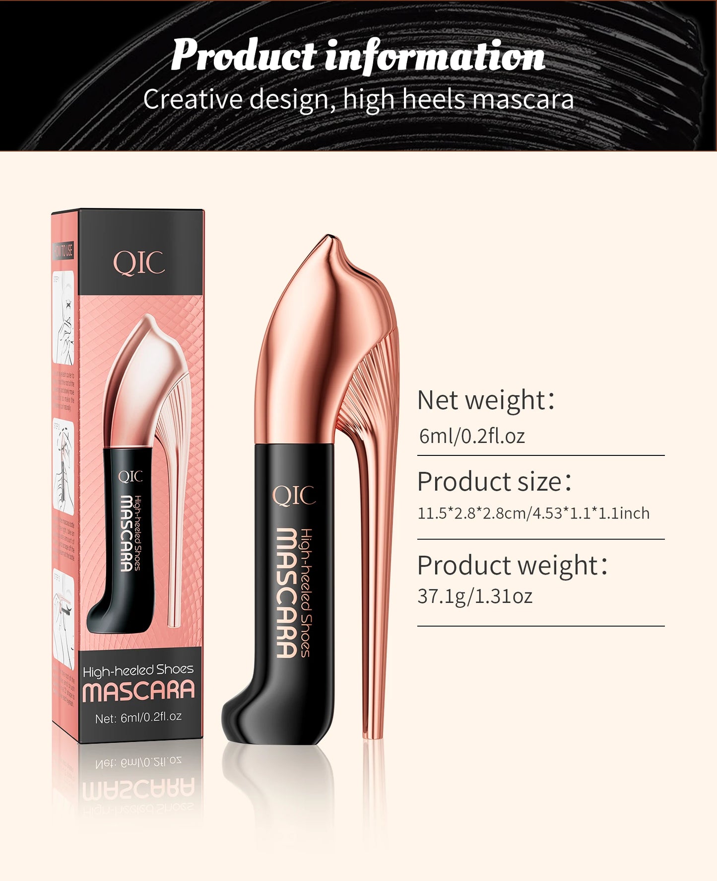 QIC High-heeled Shoes Mascara 3D Fiber Mascara, Long Black Volumizing Eyelash Extension, Waterproof Eye Makeup Tool
