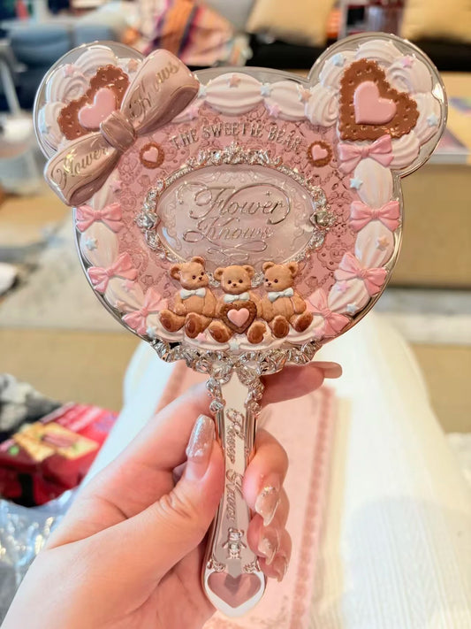 Flower Knows Sweet Bear Series Handheld Makeup Mirror - Creamy Pink