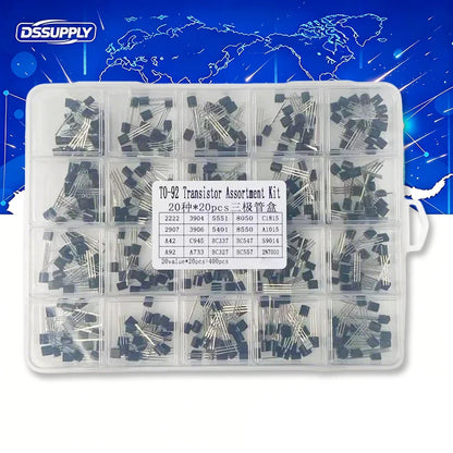400PCS/Box TO-92 Transistor KIT Set 20 Values 2N2222 2N3904 2N5551 S8050 C1815 2907 3606 5401 S8550 A1015 MPSA42 A92 C945 BC547B