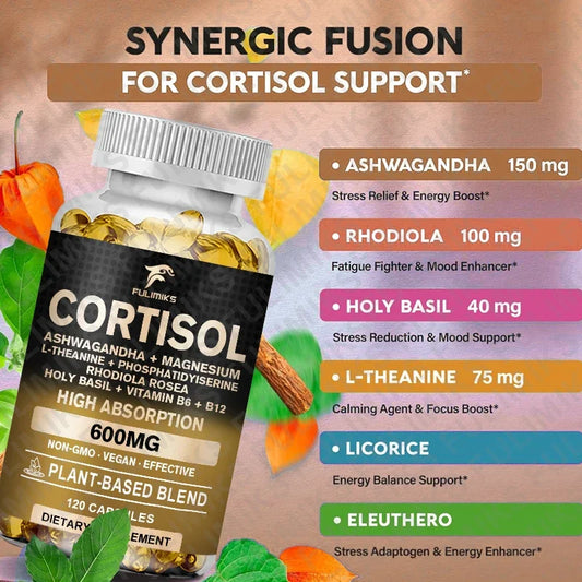 Cortisol Supplement, Hormone Balance, Magnesium, Ashwagandha, Rhodiola, L-Theanine, Vitamin B6 & B12, Mood, Focus, Sleep Support