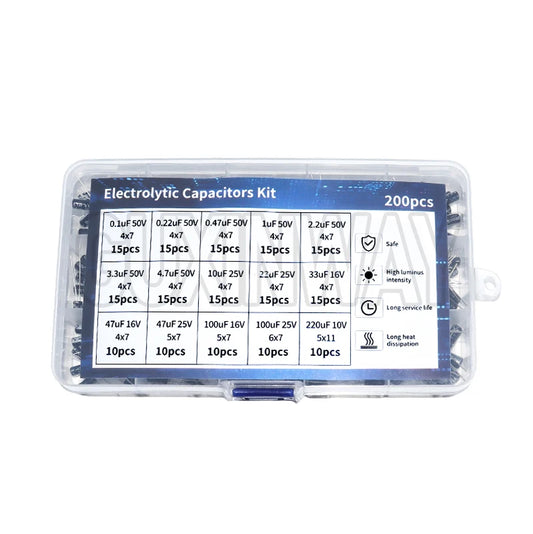 200pcs 15Values 10V 16V 25V 50V 0.1uF-220uF 0.22uf 2.2uf 100uf Radial capacitors set Electrolytic Capacitor Assortment Kit