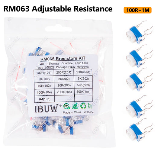 65PCS Trimmer Resistor RM063 Adjustable Resistance 100R~1M Potentiometers 1K 5K 10K 20K 50K 100K 500K 1M