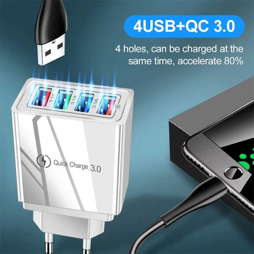 3A EU/US Plug USB Charger 4 Ports Quick Charge 3.0 Mobile Phone Charger Adapter For iPhone Huawei Xiaomi Travel Mobile Charger