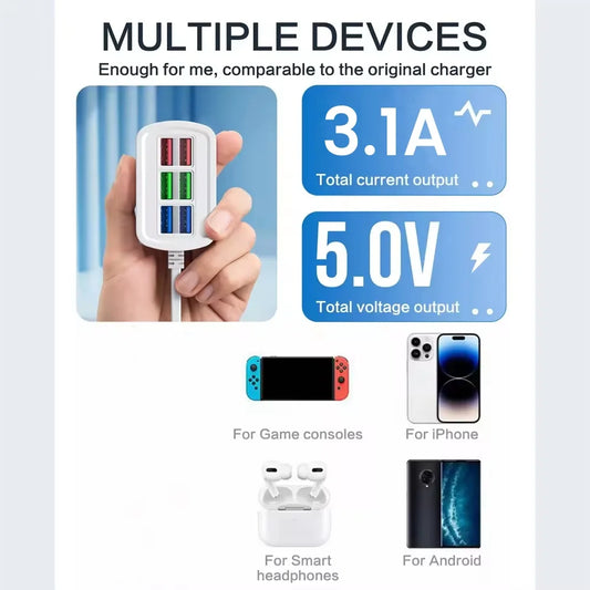 6 USB Charger Power Strip Universal Fast Charging EU/US Plug Phone Charger Adapter Electric Socket Extension Cable Table Socket