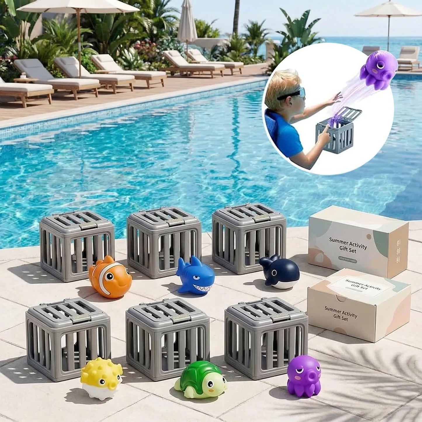 Kids Pool Diving Toys with Fish Box Floating Animals Water Swimming Dive Pool Game for Boys Girls Fun Outdoor Beach Party Gifts