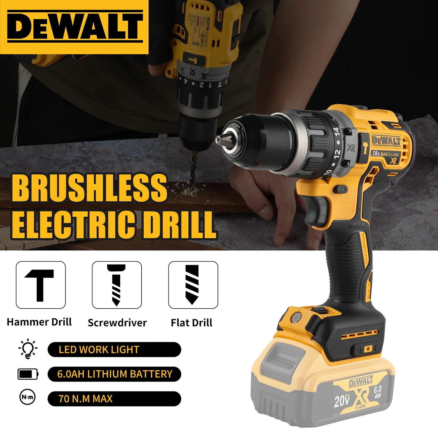 Dewalt 2000RPM Cordless Electric Drill Brushless Driver Adjustable Speed Impact Hand Drill Rechargeable Power Tools DCD796