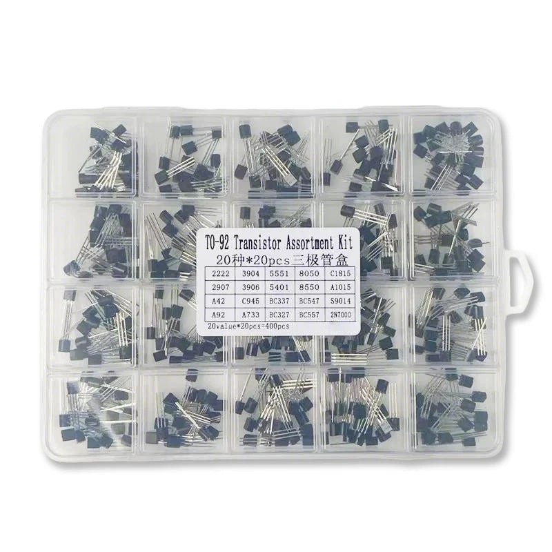 400PCS/Box TO-92 Transistor KIT Set 20 Values 2N2222 2N3904 2N5551 S8050 C1815 2907 3606 5401 S8550 A1015 MPSA42 A92 C945 BC547B
