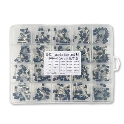 400PCS/Box TO-92 Transistor KIT Set 20 Values 2N2222 2N3904 2N5551 S8050 C1815 2907 3606 5401 S8550 A1015 MPSA42 A92 C945 BC547B