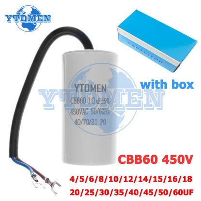 CBB60 Capacitor 450V AC Motor Run Capacitors 4UF 6UF 8UF 10UF 12UF 18UF 20UF 30UF 40UF 50UF 60UF for Washing Machine, Water Pump