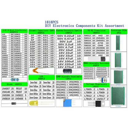 -A89Z 1818PCS DIY Electronics Components Kit Assortment Resistors LED Triode Capacitors Diodes PCB Potentiometer Resistanc
