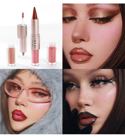 Black Brown Tapered Lip Liner Contour Pencil Double Head Mirror Plumping Lip Glaze Crystal Lip Gloss Sexy Red Lips Tint Makeup