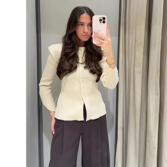 MUJER 2026 Knit Polo Cardigan Women Puff Sleeve Knitwears Women's Sweaters Fashion Summer Cardigans for Woman Button Tops Jersey