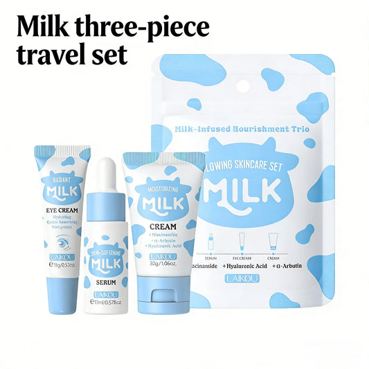 LAIKOU Milk Skincare Travel Set 3pcs Niacinamide Hyaluronic Acid Face Serum Eye Cream Face Cream Moisturizing Glowing Skin Care