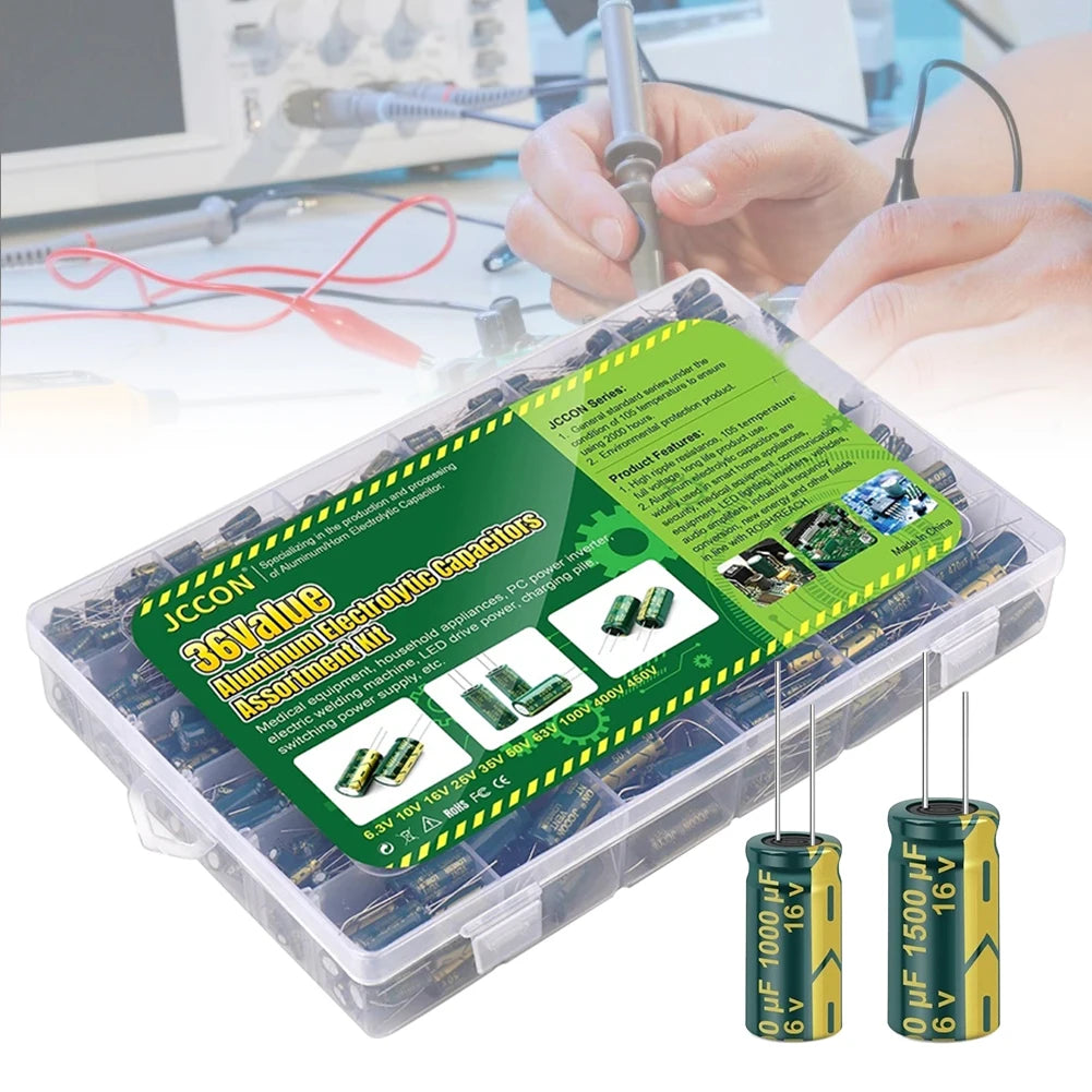 225PCS/lot 0.1UF-1000UF 15Values Aluminum Electrolytic Capacitors 16-50V Electrolytic Capacitor Assortment Kit with Storage Box