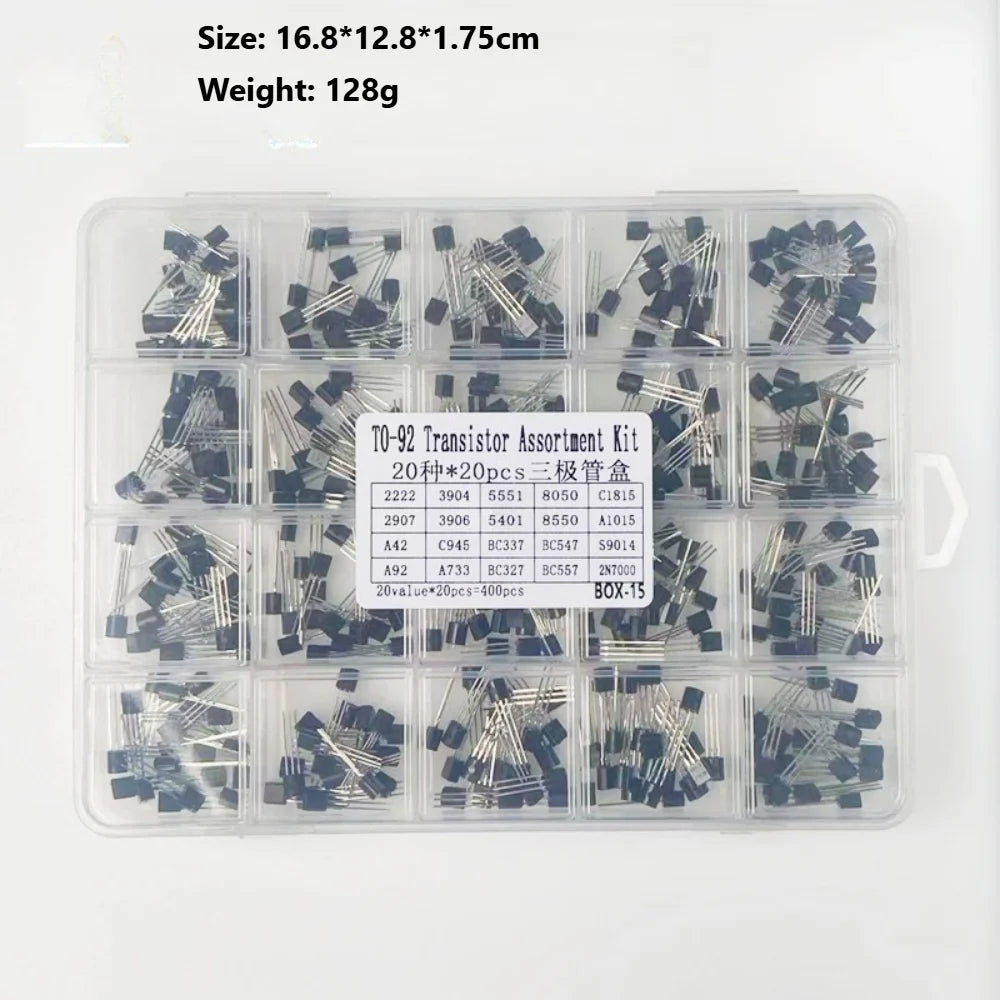 400PCS TO-92 Transistor Kit 20 Values NPN PNP 2N2222 2N3904 2N5551 2N7000 BC337 BC327 Assortment