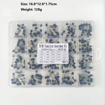 400PCS TO-92 Transistor Kit 20 Values NPN PNP 2N2222 2N3904 2N5551 2N7000 BC337 BC327 Assortment