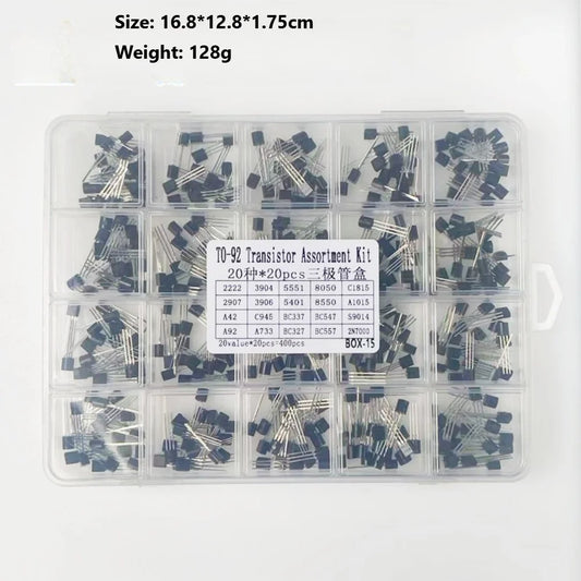 400PCS TO-92 Transistor Kit 20 Values NPN PNP 2N2222 2N3904 2N5551 2N7000 BC337 BC327 Assortment
