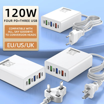 120W Charging Head 7 Ports 3USB+4PD Fast Charging Phone Charger Head 5V4A US/EU/UK Standard Charger for Mobile Phones
