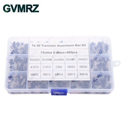 600PCS 15Value x 40Pcs Transistor TO-92 Assortment Box Kit Transistors 2N2222 2N3904 2N3906 C945 S8050 Direct-plug triode box