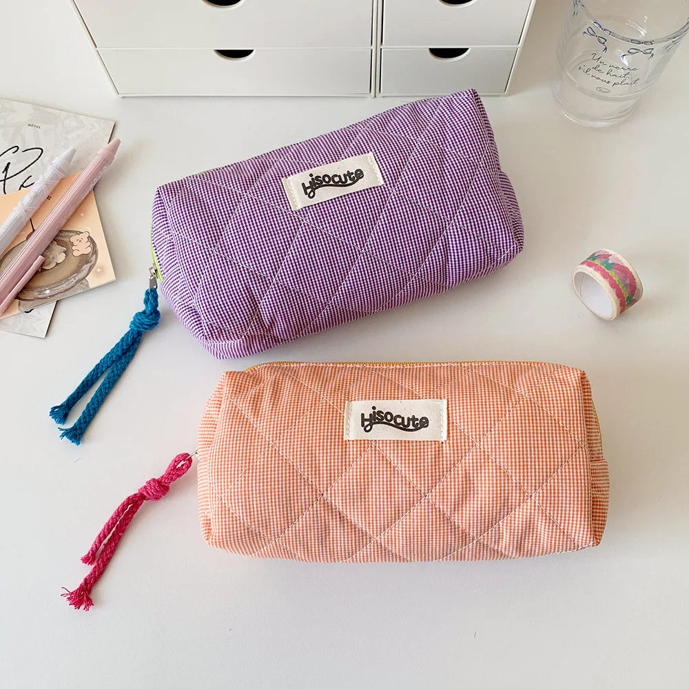 Student Color Blocking Checkered Pencil Case Girls' Stationery Bag Makeup Brush Holder Makeup Bag Women Cosmetic Bag Coin Purse