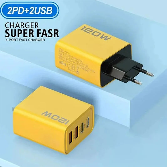 120W Fast Charging 4 Port Mobile Phone Charger QC3.0 USB Type C Charger Dual PD Travel Wall Adapter EU/US Plug For IPhone Xiaomi