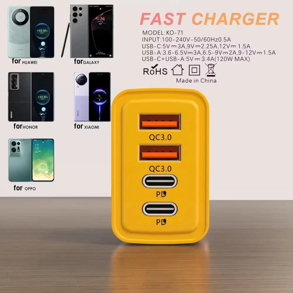 120W Original Charger EU/UK/US 4-Ports Ultra Fast Charging Type-C GaN Phone Charger USB-C QC 3.0 Universal Phone Adapter