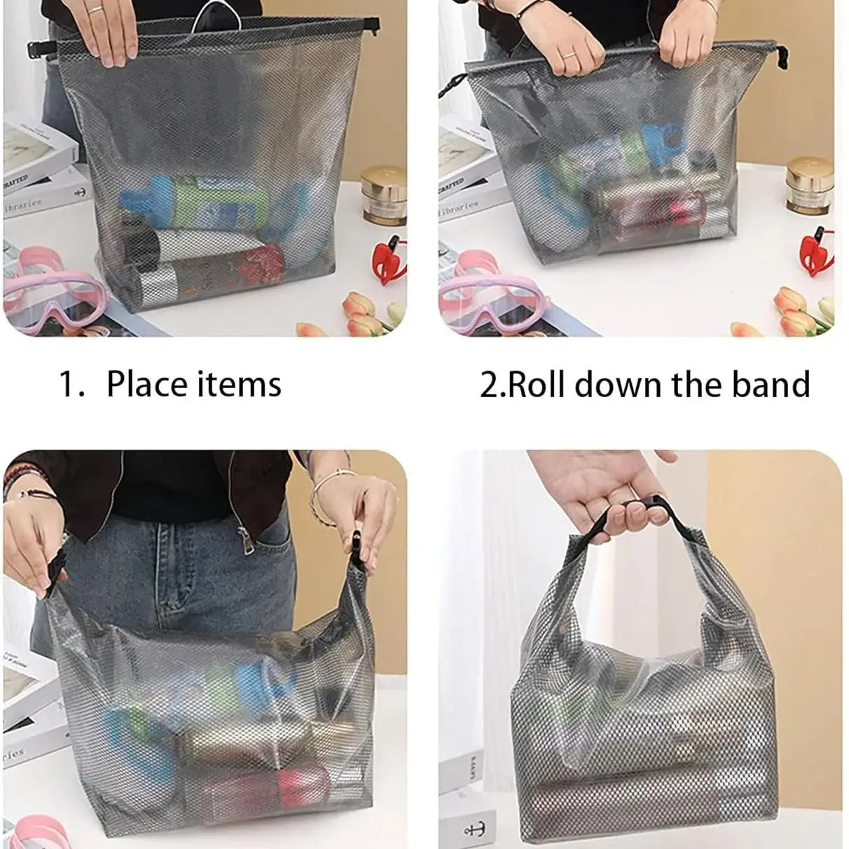 1PC Waterproof Mesh Cosmetic Bag for Travel, Gym, Bathroom, Quick-Dry Toiletry Organizer with Handle Portable Makeup Pouch