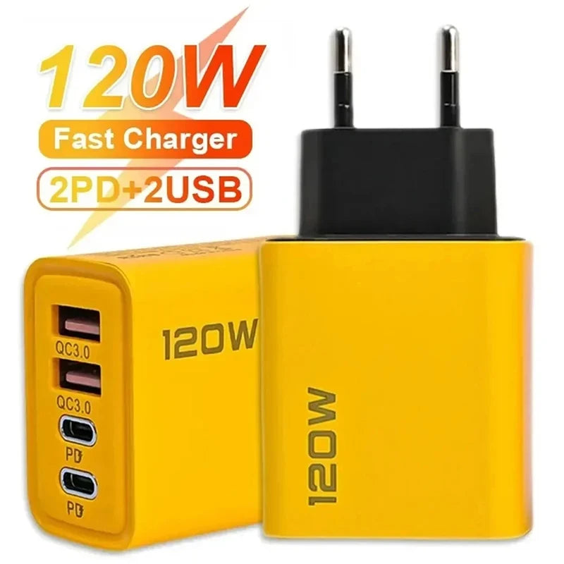 120W Fast Charging 4 Port Mobile Phone Charger QC3.0 USB Type C Charger Dual PD Travel Wall Adapter EU/US Plug For IPhone Xiaomi