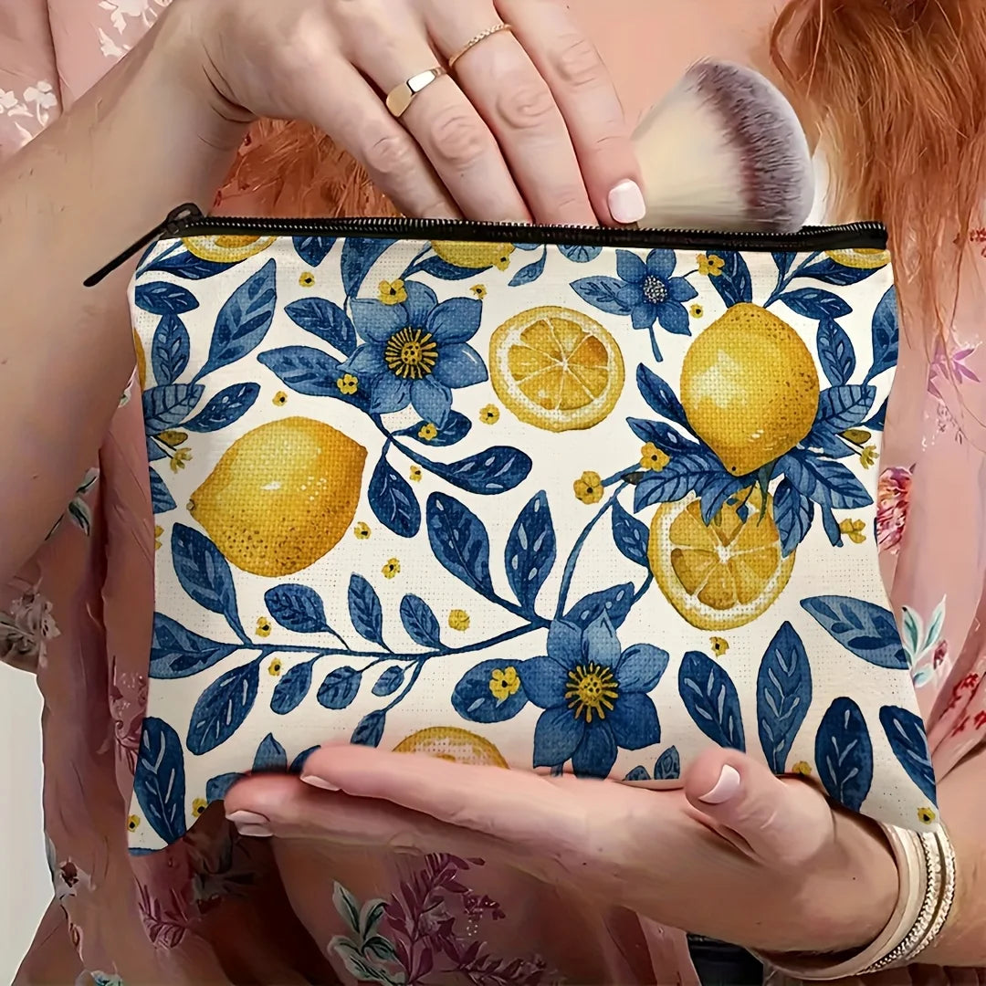 A Lemon-patterned makeup bag - cute multifunctional zipper pouch for women, jewelry storage bag