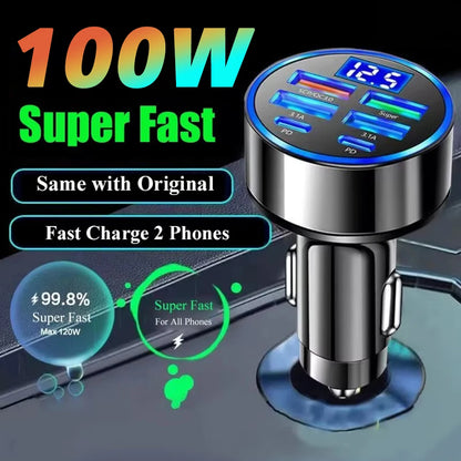 100W Super Fast 4-Port Car Charger for Mobile Phone High-Speed Vehicle Charging Station with Multiple Devices Charging Capacity