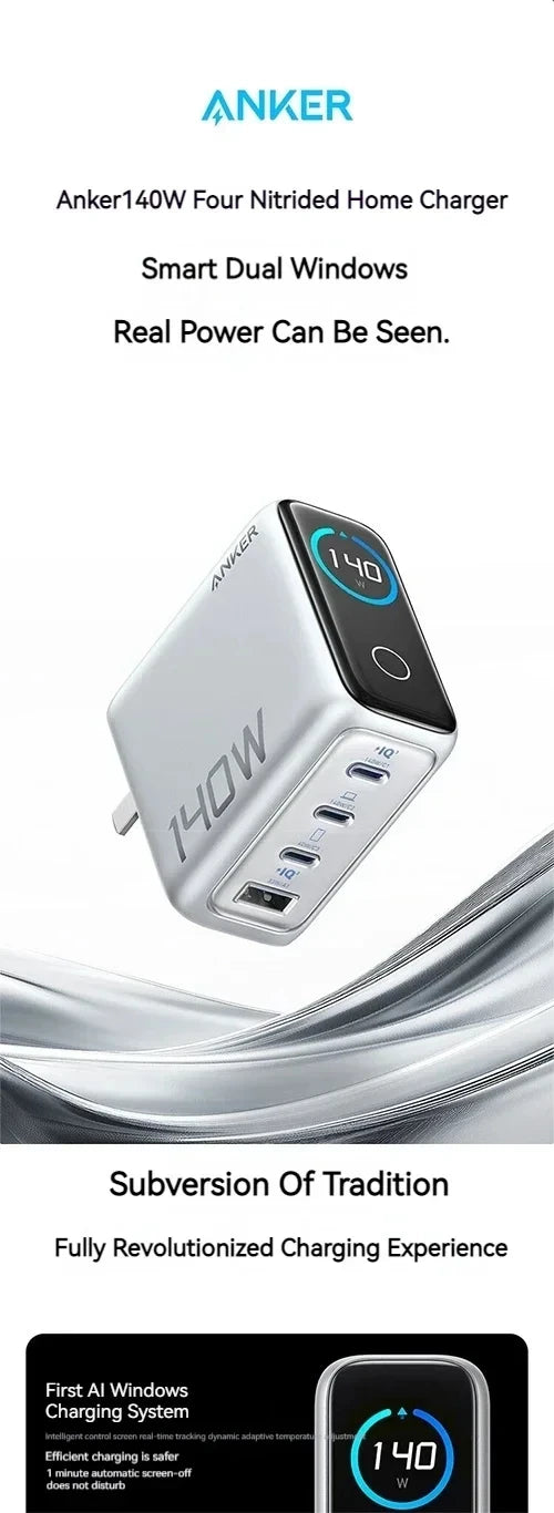 Original Anker Zolo 140W GaN Charger AI Display Screen Four-Port Fast Charge Mobile Phone Chargers Portable Phone Power Adaptor