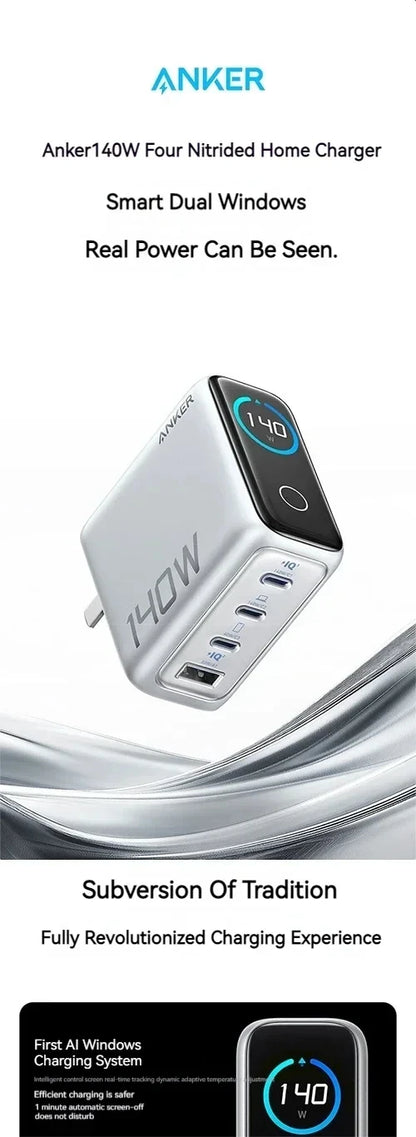 Original Anker Zolo 140W GaN Charger AI Display Screen Four-Port Fast Charge Mobile Phone Chargers Portable Phone Power Adaptor