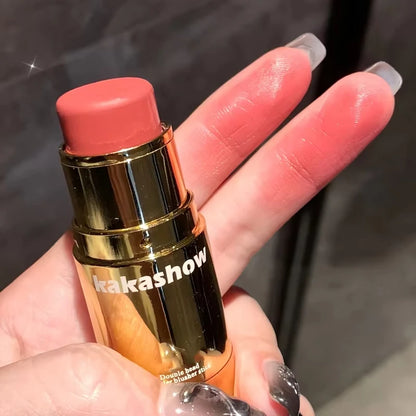 Double Head Powder Blusher Stick, Multi-use Cream Blush Stick with Sponge Tip, Long-lasting Natural Cheek Tint, Portable Makeup