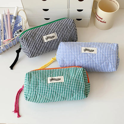 Student Color Blocking Checkered Pencil Case Girls' Stationery Bag Makeup Brush Holder Makeup Bag Women Cosmetic Bag Coin Purse
