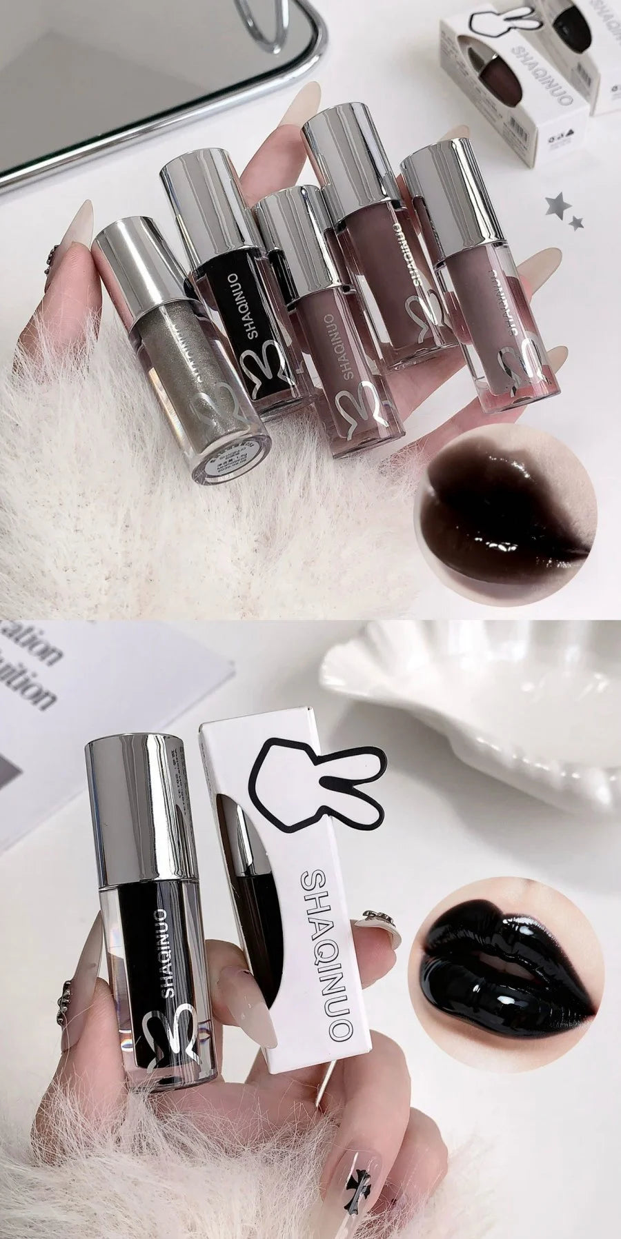 1Pc Lip Gloss Mirror Moisturizing Gothic Pure Black Silver Fine Flash Low Saturation Lip Glazed Lasting Lip Makeup Halloween