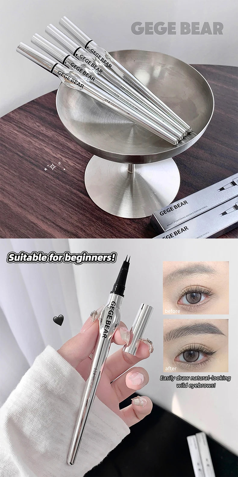 Two-Prong Eyebrow Pen For Women Gege Bear Long-lasting Natural Strokes Waterproof Anti-Sweat Non-smudged All-Day Wear Eye Makeup