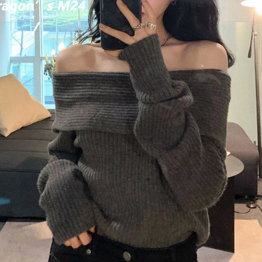 Fashion Autumn Women Off Shoulder Sweater Long Sleeve Elegant Casual Solid Knitted Tops Sexy Pullover Clothing Spring Knitwear
