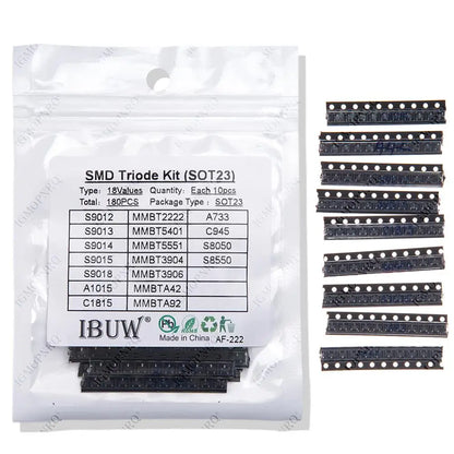 Transistor Assorted Kit (SOT-23) 18kinds*10pcs=180pcs 2N2222 S9013 S9014 S9015 S9018 S8050 S8550 5551 5401 2N3904 2N3906 C1815