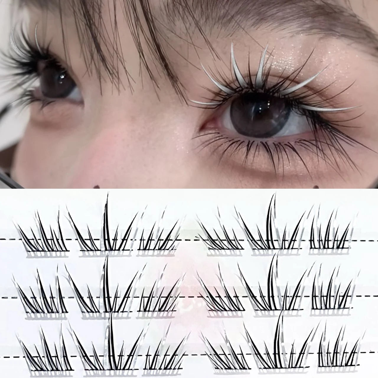 DIY Cluster Punk Silver Black Self-adhesive Glue Free False Eyelashes Segmented Thin Stems Halloween Makeup Girl Lashe Extension