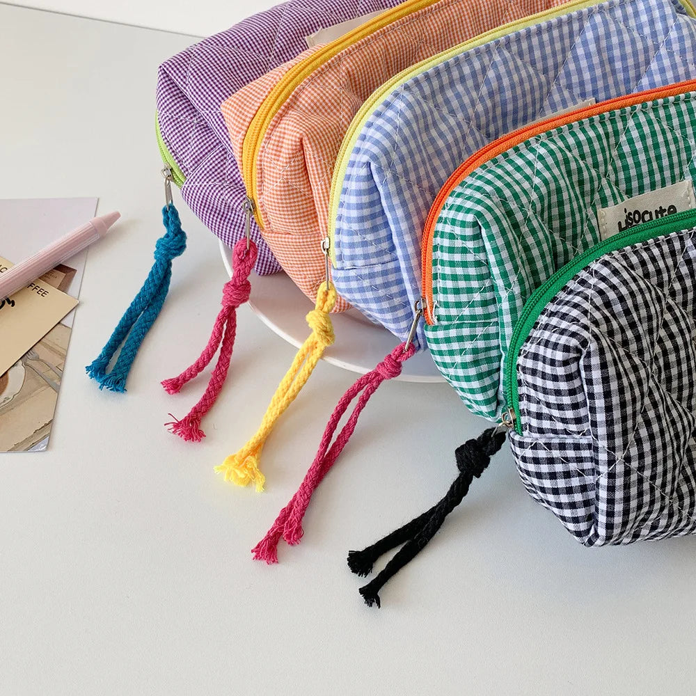 Student Color Blocking Checkered Pencil Case Girls' Stationery Bag Makeup Brush Holder Makeup Bag Women Cosmetic Bag Coin Purse