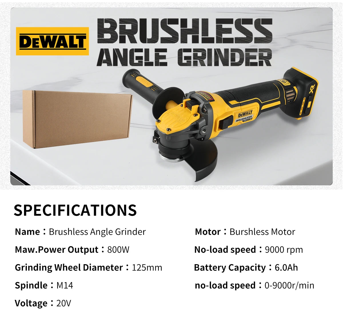 DEWALT-DCG409 angle grinder, 20V brushless wireless power tool, cutting machine, 125mm rechargeable portable polisher only tools