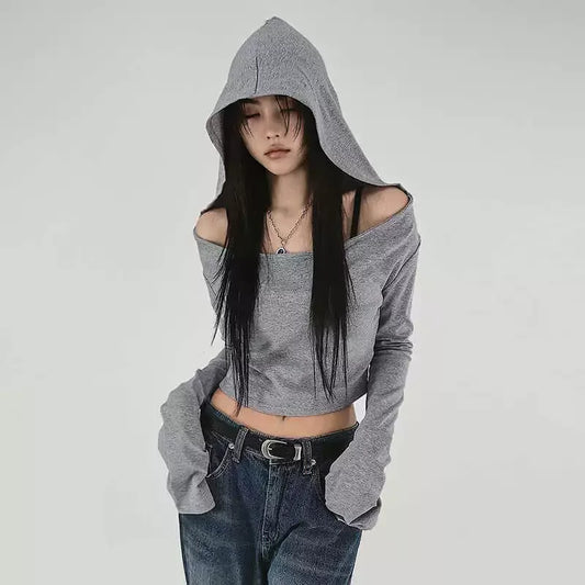 Flare Long-sleeve Hooded Crop Top Women Fall Solid Color Elastic Casual Tee Shirt Pullover Pile Collar Y2k T-shirt