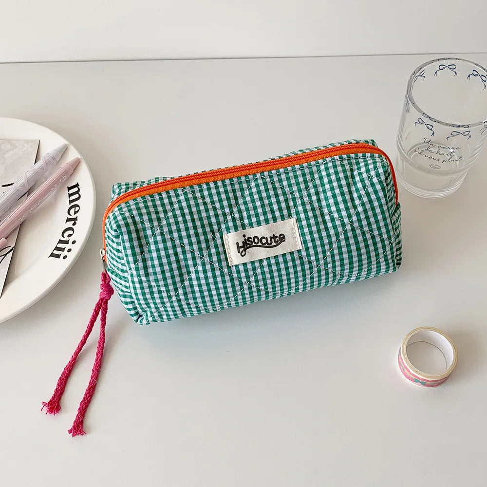 Student Color Blocking Checkered Pencil Case Girls' Stationery Bag Makeup Brush Holder Makeup Bag Women Cosmetic Bag Coin Purse